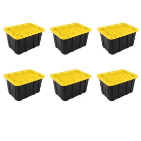 27 Gallon Industrial Tote, Rugged Plastic Storage Bin, Snap-on Lid, Black/Yellow, 6 Pack