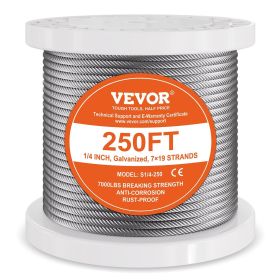 Wire Rope, 1/4" 250 ft Zinc Galvanized Carbon Steel Cable with Gloves, 7000 lbs Breaking Strength