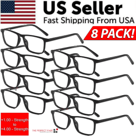 Reading Glasses Mens Womens Unisex Readers Eyeglasses 8 Pack Glasses New Square (Strength: =+4.00 Strength)